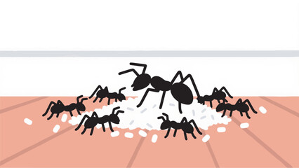 Illustration Of Small Ants Swarming Over Sugar Grains Spilled On The Floor Vector Design Template