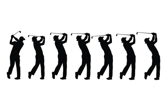 Silhouette Sequence of a Golfer Swinging a Club on a White Background sport