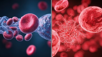 Bleeding Disorders Awareness Week. Comparative scientific illustration of normal blood clotting vs bleeding disorder (hemophilia), side-by-side educational diagram