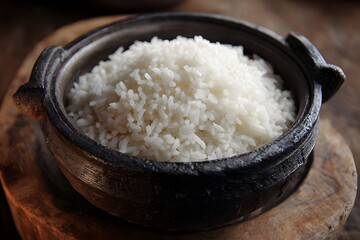 Freshly cooked white rice served in traditional clay pot on rustic wooden surface, top view