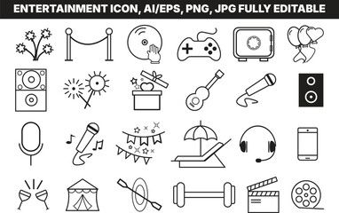 A set of black and white line art entertainment icons on a transparent background