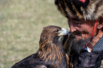 A Mongolian eagle hunter, a berkutchi, prepares to hunt with his bird on a September day in Mongolia.