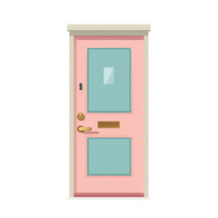 Stylized pastel pink door with window and mail slot