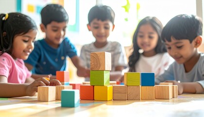 Children playing with colorful wooden blocks