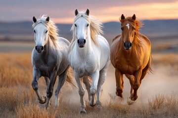 Obraz premium Three Horses Running Through Field at Sunset