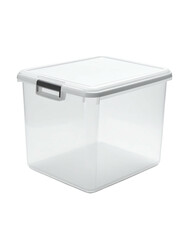 Clear plastic storage bin with a gray latching lid and rectangular shape