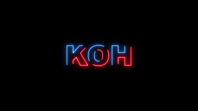 Red and blue neon sign spelling out KOH chemical formula on black background potassium hydroxide science