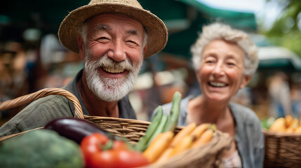 Smiling elderly couple with baskets of fresh organic vegetables at a vibrant market, showcasing healthy lifestyle choices and community engagement in a lively outdoor setting
