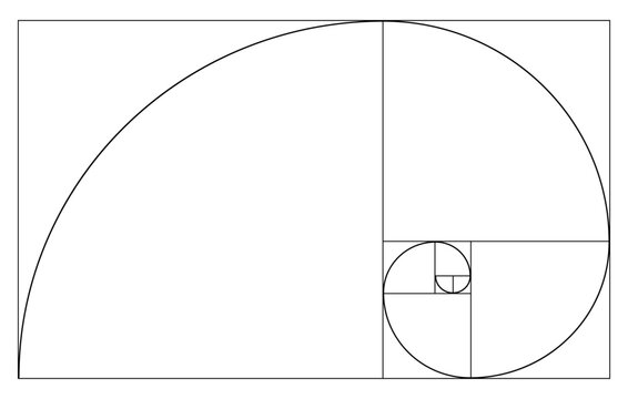Fibonacci spiral with golden ratio. Geometric line art curve with rectangles and squares. Abstract mathematical design for science, art and education.