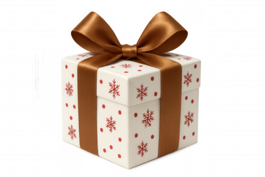 Christmas holiday gift box with brown ribbon bow and red snowflake pattern, celebrating winter season