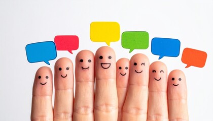 Fingers with happy faces and colorful speech bubbles