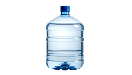 A large, clear plastic water bottle with a blue cap, partially filled with water, sits against a black background.  Horizontal lines are molded into the bottle's sides