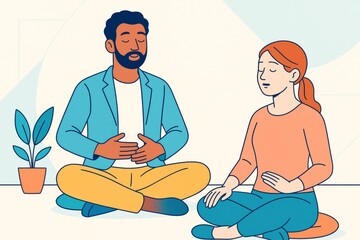 Calm man and woman meditating together in seated position with peaceful expressions on soft abstract background in flat illustration style. Ai generative