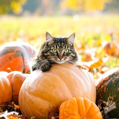 Tabby cat resting on pumpkins in autumn leaves