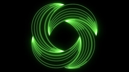 Seamless looping animation of glowing neon green geometric light trails forming an abstract circular pattern on a black background. - Powered by Adobe