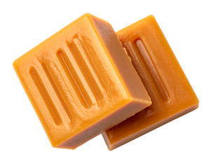 Two square, amber-hued caramels, glossy and slightly stacked, show ridged imprints on their tops, suggesting a molded confection