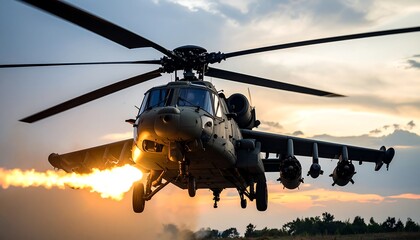 Military Helicopter Flight Sunset 