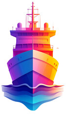 A vibrant, stylized illustration of a cruise ship's bow, rendered in a spectrum of colorful gradients against a dark background, suggesting motion through the water