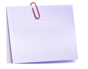 A pale lavender gridded notepad, slightly angled, secured by a small red paperclip at the top