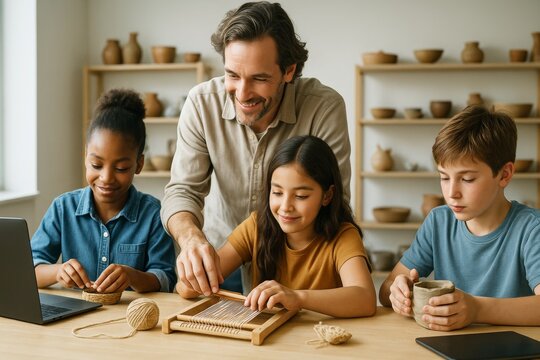 Teacher guiding children in traditional crafts in a bright classroom with natural light and cultural pottery background. Learning concept illustrated. Ai generative
