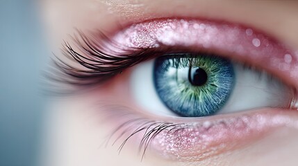 Detailed Macro Shot of a Human Eye with Blue Iris and Pink Eyeshadow with Long Eyelashes, Extreme Close Up, Sharp Focus, Beauty Theme