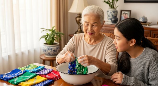 Elderly woman and young girl joyfully hand washing silk scarves together at home with colorful fabrics - Powered by Adobe