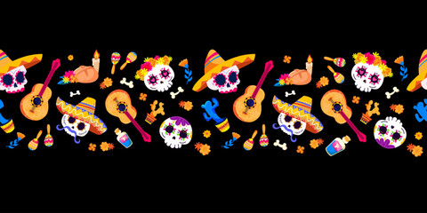 Mexican calavera sugar skulls seamless pattern with traditional elements for Day of the Dead holiday design. Dia de los muertos seamless border for printing, textiles, paper. Vector