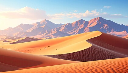 Fototapeta premium Desert panorama, dunes, mountains, sunrise