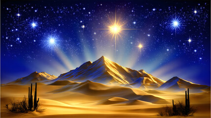 starlit desert with glowing sand dunes, sparkling constellations, and tall cacti