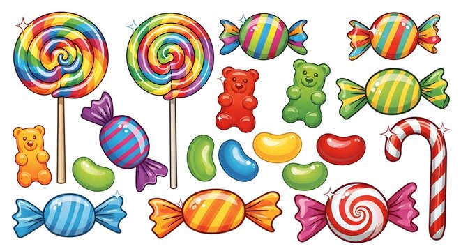 Vibrant assortment of colorful candies including lollipops, gummy bears, jelly beans, striped sweets, and candy canes, illustrated on a white background for a fun and playful confectionery theme.

 - Powered by Adobe