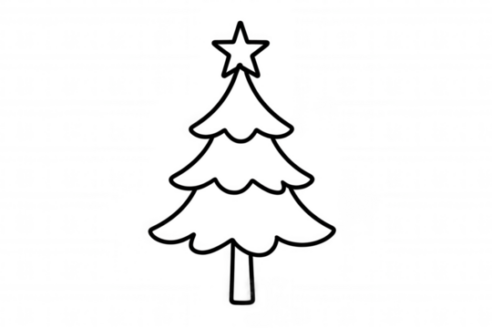 Christmas tree line art drawing with star on transparent background, holiday celebration flat icon