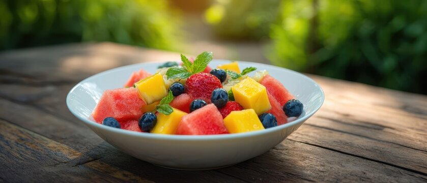 The Bright Fruit Salad in a White Bowl on a Wooden Table - Powered by Adobe