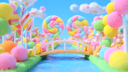 candyland with giant lollipops, chocolate rivers, colorful gumdrop hills, and sweet skies