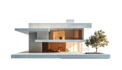 Modern, two-story concrete house with large glass windows, warm interior lighting, and a small olive tree to the side, sitting on a raised platform