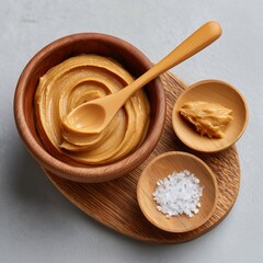 Miso paste in wooden bowl with coarse sea salt