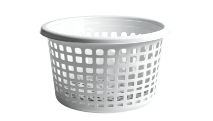 A white, cylindrical laundry basket with a solid top and perforated sides, allowing for ventilation and visibility of contents.  The basket's design is simple and functional