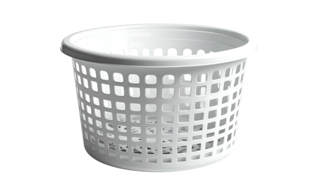 A white, cylindrical laundry basket with a solid top and perforated sides, allowing for ventilation and visibility of contents.  The basket's design is simple and functional