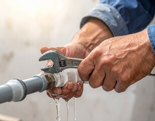 Primer plano manos de fontanero arreglando una peque&ntilde;a fuga de agua en una ca&ntilde;er&iacute;a. Trabajador, oficio, reparaci&oacute;n