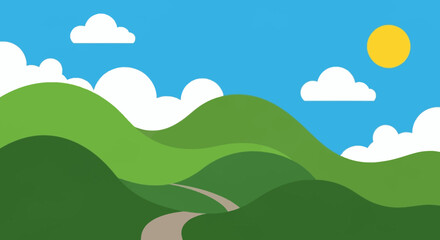 Obraz premium Green rolling hills with a winding path under a blue sky.