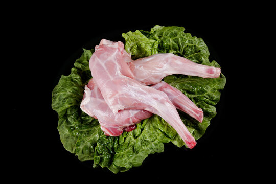 Fresh Raw Rabbit Forelegs on Lettuce Leaves - Premium Quality Meat for Cooking
