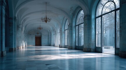 Dilapidated Grand Hallway with Arched Windows in Abandoned Building Featuring Chandeliers and Blue Tones Reflecting History and Architectural Decay