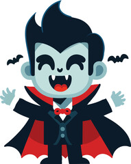 A smiling vampire character with a cape and fangs