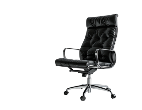 Black leather executive swivel chair with chrome base and arms, tufted back, and five caster wheels