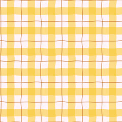 Abstract autumn seamless checkered pattern of transparent yellow and thin brown stripes, simple cozy hand-drawn vector illustration, flat style