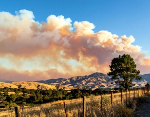 Smoke billows over landscape at sunset