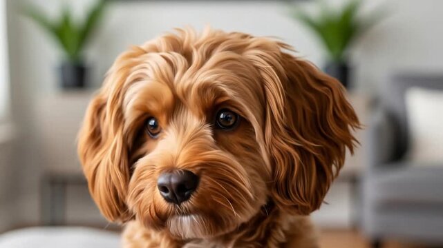 Adorable fluffy golden brown Cavapoo puppy looking directly at the camera with big innocent eyes, pet portrait