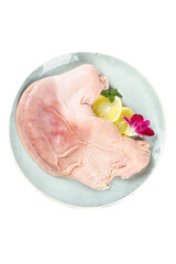 Fresh Raw Pork Belly with Lemon Garnish on Ceramic Plate White Background
