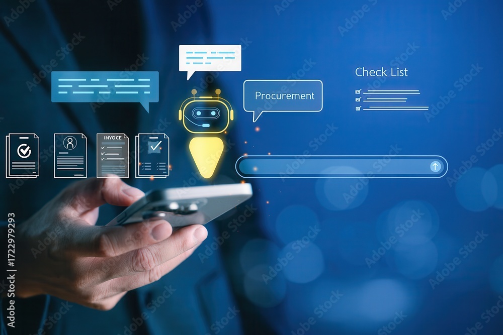 Poster business automation concept,ai assistant using chatbot technology for procurement,checklist,invoice 