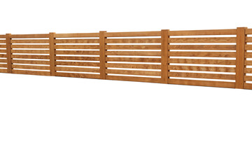 Horizontal wooden slat fence with concrete posts and base on background slats isolated on a transparent background