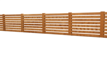 Horizontal wooden slat fence with concrete posts and base on background slats isolated on a transparent background
